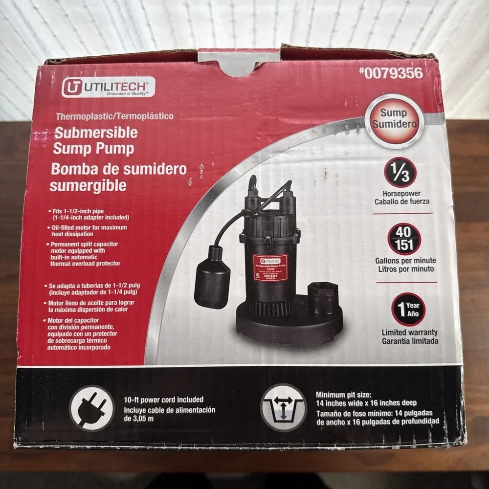 Utilitech Submersible Sump Pump 40 Gallons Per Min #0079356 1/3 HP New